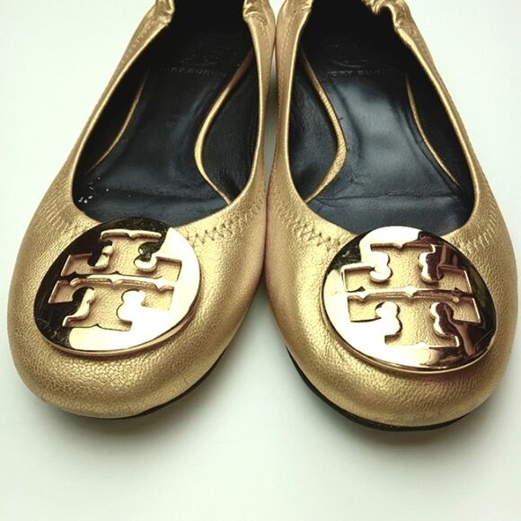 Tory Burch Logo Spark Gold Leather Minnie Travel Ballet Flats Size 5.5M - Picture 10 of 13